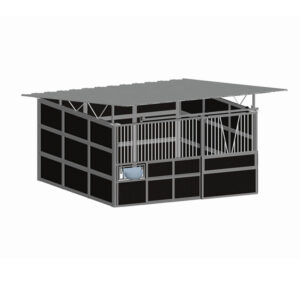 a picture of single portable horse stable with feeder and roof