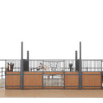 3D rendering of a horse stable layout with multiple stalls and horses visible in their pens.