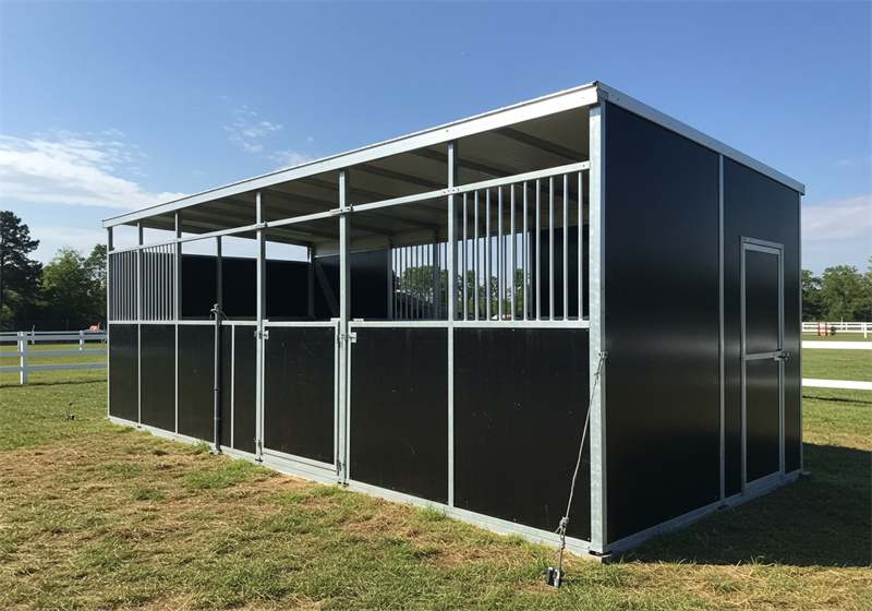 A black metal horse stall with a roof, designed for outdoor use. The structure has multiple stalls and is situated in a grassy area, with a clear blue sky in the background.