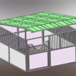 A conceptual drawing of a horse stall structure with a green roof and open sides for airflow, illustrating its design and layout.