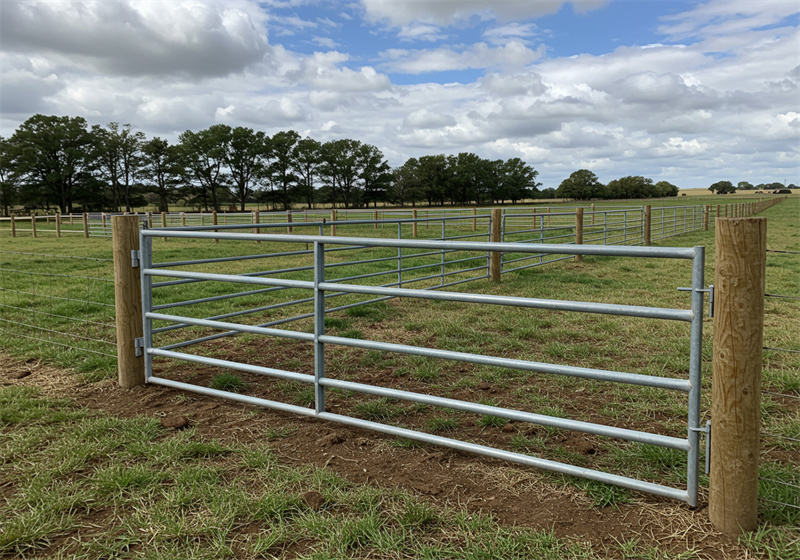 Durable livestock equipment galvanized steel gate with timber posts showing quality Australian farm fencing system built for reliable paddock and livestock management.