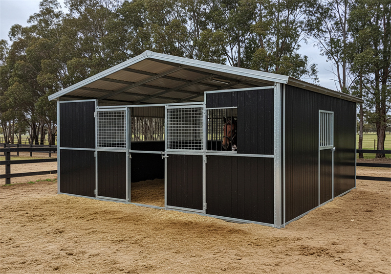 Cost-effective horse facility infrastructure showing galvanized steel stable construction designed for optimal horse facility ROI Australia in commercial operations.