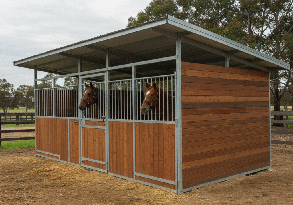 Two brown horses standing in separate stalls within an outdoor stable structure featuring a galvanized steel frame, metal roof, and horizontal wooden plank walls.