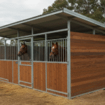 Two brown horses standing in separate stalls within an outdoor stable structure featuring a galvanized steel frame, metal roof, and horizontal wooden plank walls.
