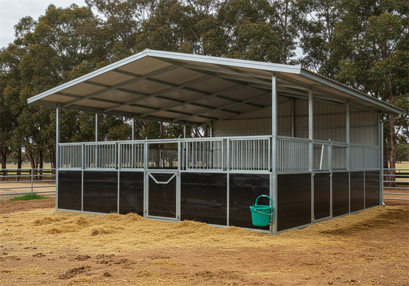 Outdoor horse stable with a galvanized steel frame, metal roof, black panel lower walls, and metal bar upper sections. A green bucket hangs on the wall, and hay is scattered on the ground.