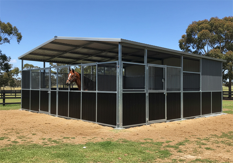 A multi-stall DIY horse stable kit with a grey metal roof and a two-tone design of dark brown lower panels and grey upper sections. A bay horse looks out from one of the internal stalls. The stable is set on a prepared dirt and gravel base.