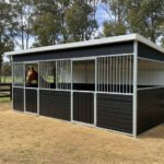 A three-stall flat-pack horse stable with dark grey lower panels and white upper sections and roof trim. A horse with a brown coat is visible looking out from the center stall, which has metal bars.