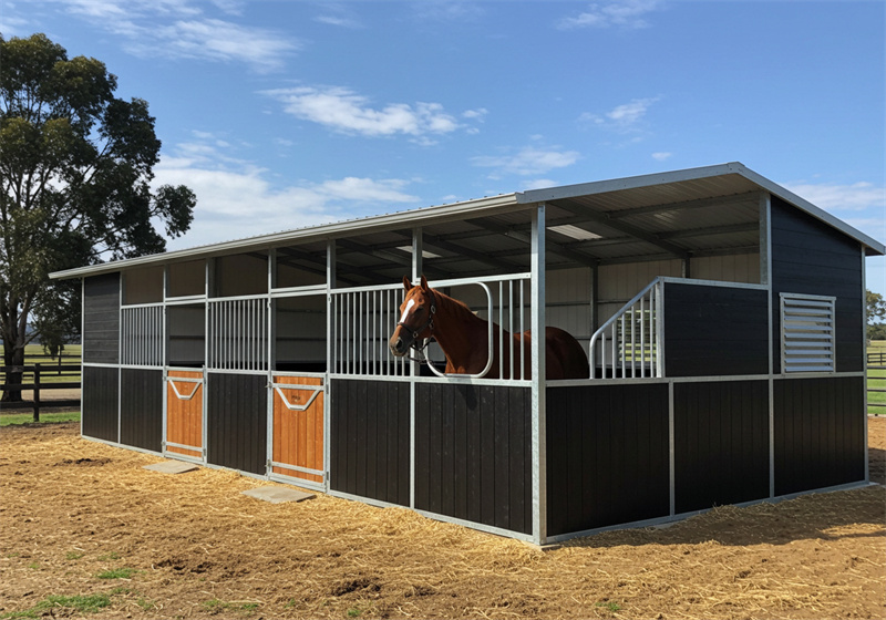 A multi-stall flat-pack horse stable featuring dark brown lower panels, lighter grey upper sections, and light wooden stall doors. A bay horse looks out from one of the stalls, and the stable has a metal roof with some translucent panels.