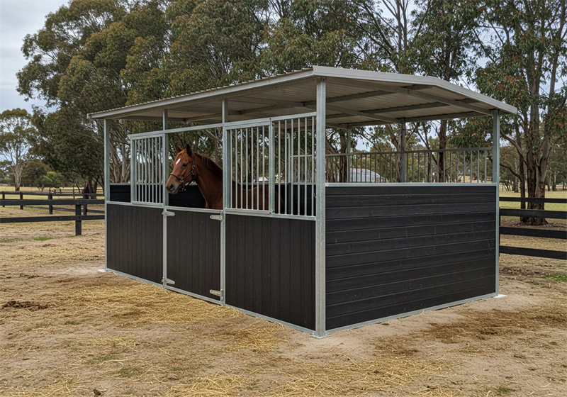 A two-stall flat-pack horse stable with dark brown lower panels, metal bars on the upper sections, and an extended metal roof providing shelter. A bay horse is looking out from one of the stalls.