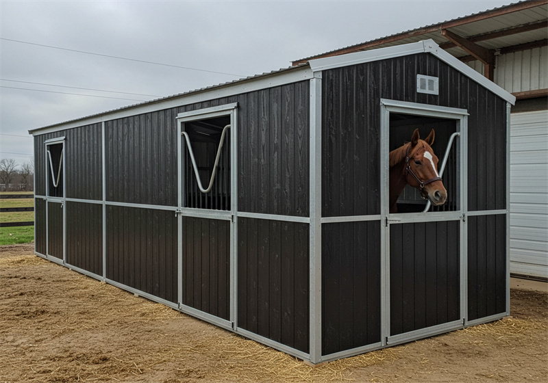 A long, dark-paneled portable horse stable with silver trim and a white roof edge. A bay horse looks out from one of the stable windows.