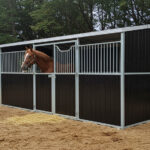 A compact, dark-paneled portable horse stable with silver metal trim and a white roof, featuring two stalls. A bay horse looks out from one stall opening.