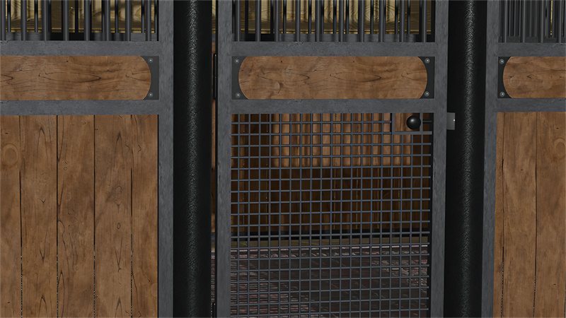 A close-up view of a horse stall door made of wood and metal, showcasing a grid design and a secure latch.