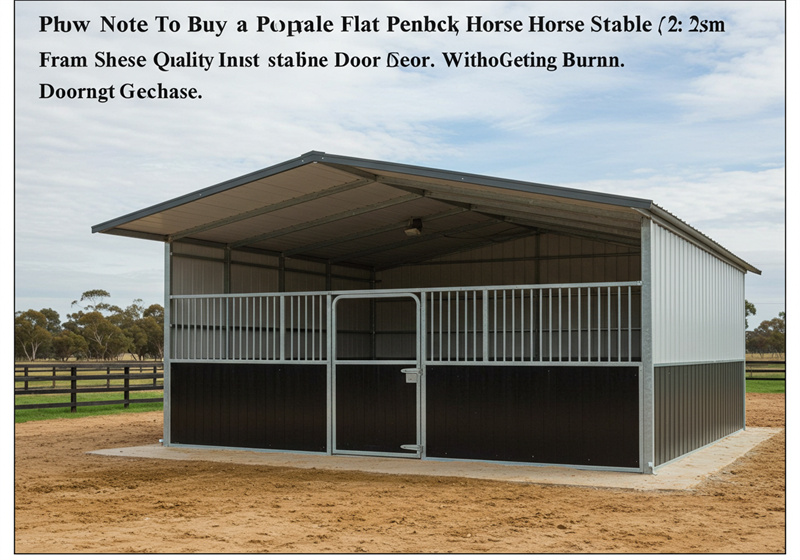 A flat-pack horse stable with a grey metal roof and a two-tone design (grey upper, dark brown lower panels). It features a single stall with a metal gate and is built on a concrete pad in an outdoor setting. The image has overlaid, unreadable text.