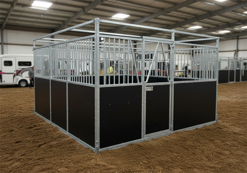 This image showcases a high-quality portable horse stable from DB Stable, designed specifically for equestrian centers in Australia and New Zealand. The structure demonstrates the durable HDPE panels and galvanized steel frame that come as a flat-pack DIY kit for easy international shipping.