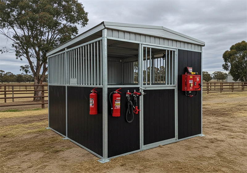 Durable portable horse stables designed for the Australian market, featuring hot-dip galvanized steel frames and UV-resistant HDPE boards. This flat pack kit is built for export and easy on-site assembly for professional equestrian facilities.