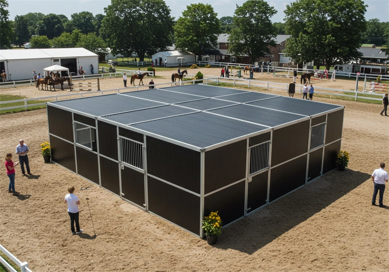 Aerial view of a large, modular portable horse stable unit featuring four stall compartments, designed for professional equine centers in Australia. DB Stable delivers these custom stable designs with durable HDPE boards and galvanized frames for the Oceania market.