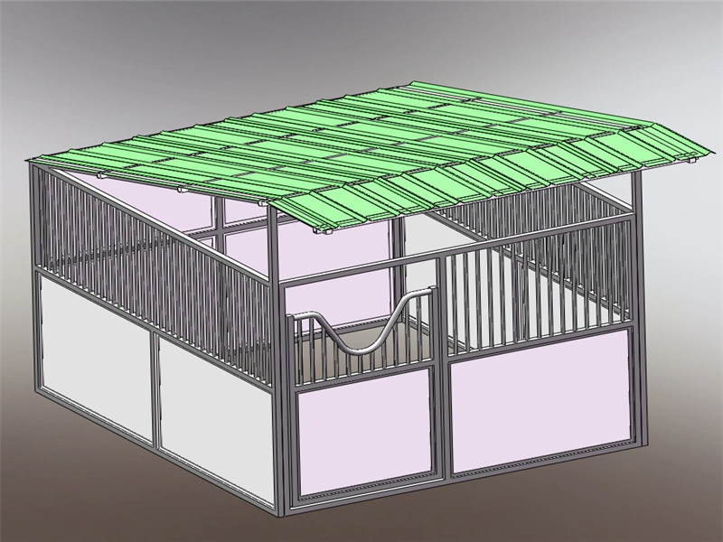 3D model of a custom stable design showcasing modular panels suitable for Portable Horse Stables for ANZ markets. This structure highlights the durability and flat-pack efficiency required for professional equestrian facilities.