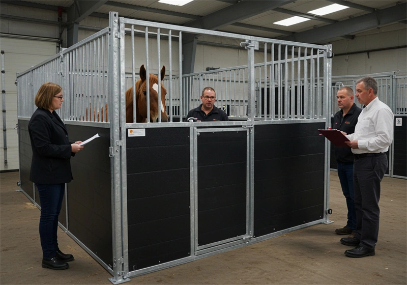 DB Stable team conducting a quality inspection of a portable horse stable unit featuring hot-dip galvanized frames and HDPE panels. This image highlights the precision of our custom stable designs, ensuring durability and compliance for the Australian and New Zealand markets.