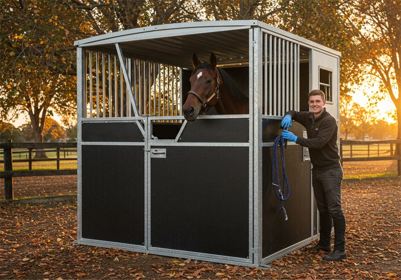 DB Stable portable horse stables shown with a hot-dip galvanized steel frame and HDPE panels. This professional equestrian facility provides durable housing for thoroughbreds.