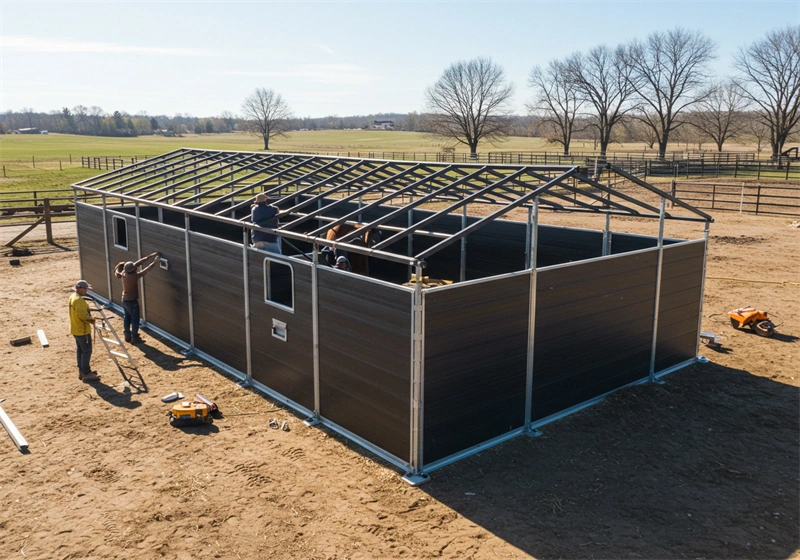 A DB Stable DIY Stable Kit under construction by a professional crew in a rural Australian setting. This image showcases the ease of assembling portable horse stables for the Australian and New Zealand market.