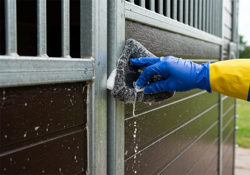 A gloved hand scrubs soapy foam from the UV-resistant HDPE panels of our portable horse stables for ANZ, demonstrating the ease of cleaning and durability of our high-specification stable materials for Australian and New Zealand equestrian facilities.