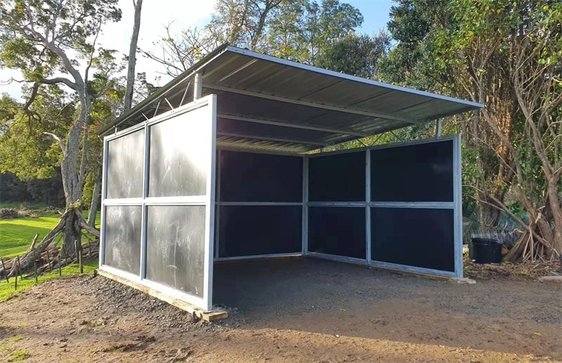 A fully assembled flat pack horse stable kit for Australian farms, featuring a galvanized steel frame and UV-resistant panels. This portable equestrian shelter demonstrates the durability and quality of DB Stable products for ANZ distributors.