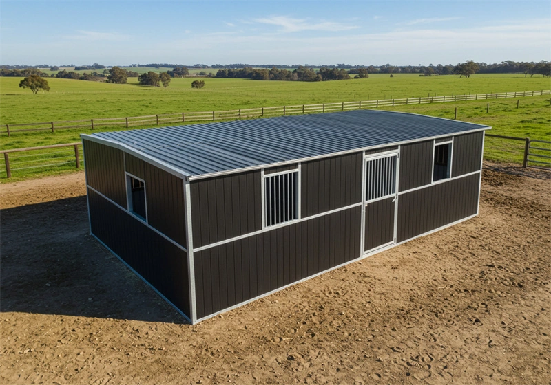 DB Stable manufactures these flat pack portable horse stables, featuring durable hot-dip galvanized frames and UV-resistant panels designed for equestrian centers and distributors in Australia and New Zealand.