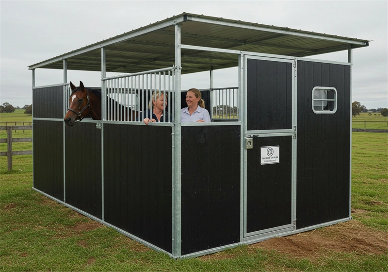 A sturdy flat pack portable horse stables unit featuring galvanized frames and secure panels, showcasing the high-quality design of DB Stable for commercial distribution.