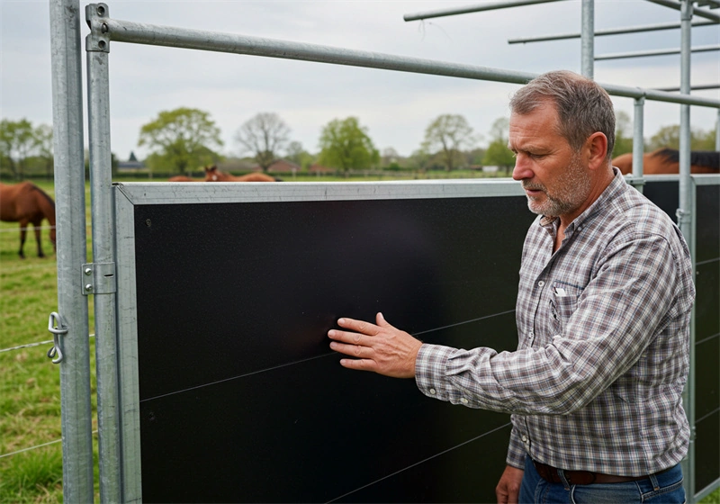 B2B client inspecting durable HDPE panels for portable horse stables, showcasing the premium stable materials available for export to Australia and New Zealand.