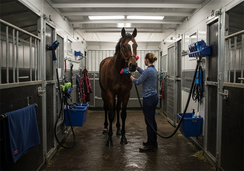 Inside view of high-quality portable horse stables for ANZ markets, showcasing professional wash rack designs featuring hot-dip galvanized frames and HDPE panels. DB Stable manufactures these durable, custom-fit stables to ensure safety and longevity for B2B equine partners.