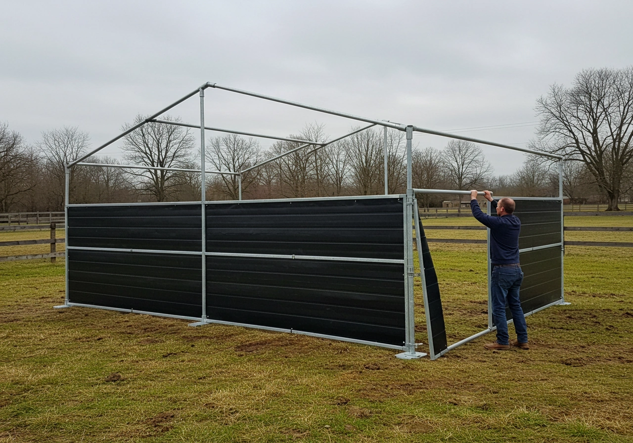 Professional installation of portable horse stables for ANZ markets featuring hot-dip galvanized steel frames and durable HDPE panels. This image illustrates the robust construction and quality of DIY Stable Kits for ANZ ready for global export.