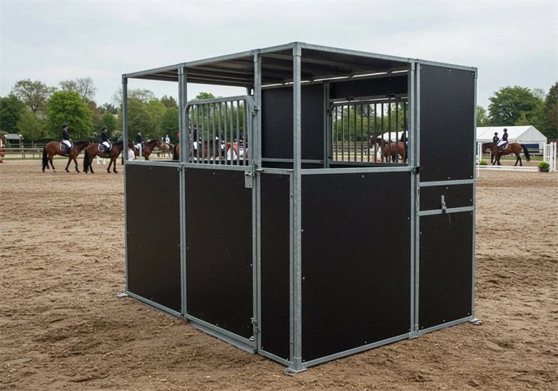 Close-up of hot-dip galvanized steel frame and durable HDPE panels forming a portable horse stable structure at a training center. This high-specification component is designed for flexible DIY stable kits manufactured for durability in Australian equestrian facilities.