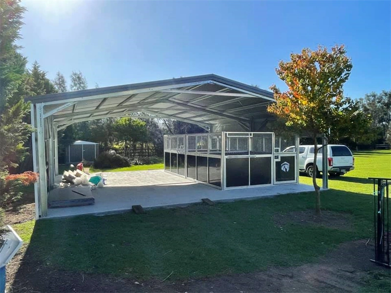Showcasing the high-quality hot-dip galvanized steel frames of our Portable Horse Stables ANZ, providing durable and secure storage. The image displays a professional installation featuring modular construction designed for the equestrian industry in Australia and New Zealand.