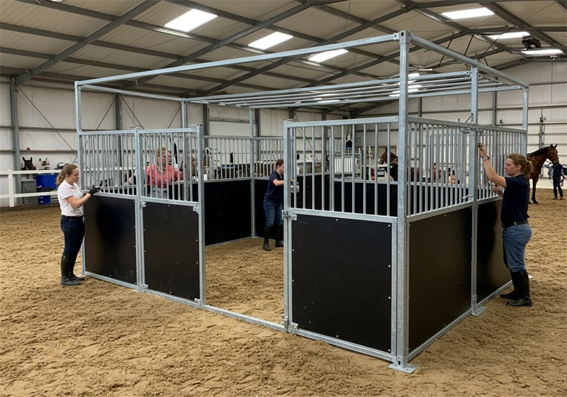 Professional equestrian contractors assembling heavy-duty portable horse stables for ANZ clients. This durable DIY stable kit features a hot-dip galvanized steel frame and HDPE boards to ensure long-lasting stability in outdoor environments.