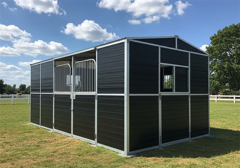 DB Stable manufactures premium portable horse stables designed for the Australian and New Zealand equine industry. This image displays a robust modular design featuring hot-dip galvanized steel frames and durable HDPE panels for secure livestock housing.
