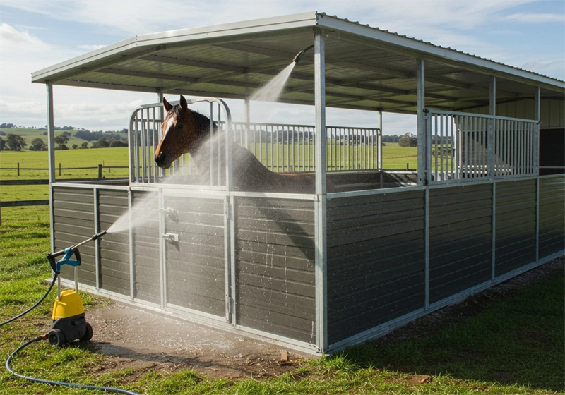 DB Stable hot-dip galvanized steel portable horse stables feature robust HDPE panels and a secure design, demonstrated here in an outdoor equestrian setting. This high-quality DIY stable kit ensures long-lasting durability for professional farm facilities in ANZ markets.