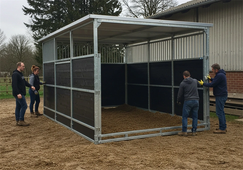 Our portable horse stables ANZ are shown being assembled by a team, featuring durable hot-dip galvanized steel frames for professional equestrian facilities. This DIY stable kit configuration demonstrates the modular design perfect for distributors and farm owners in Australia and New Zealand.