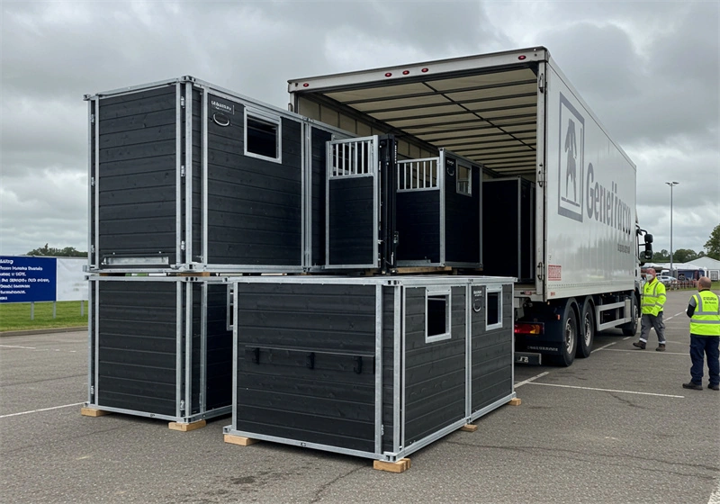Portable box horse stalls stacked on a pallet being loaded onto a truck
