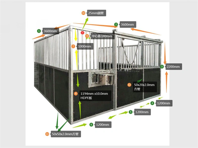 This technical schematic illustrates the specific dimensions and material construction of our durable portable horse stables and DIY stable kits. It details the heavy-duty square tubing frames and high-density polyethylene panels designed for professional Equestrian Facilities.