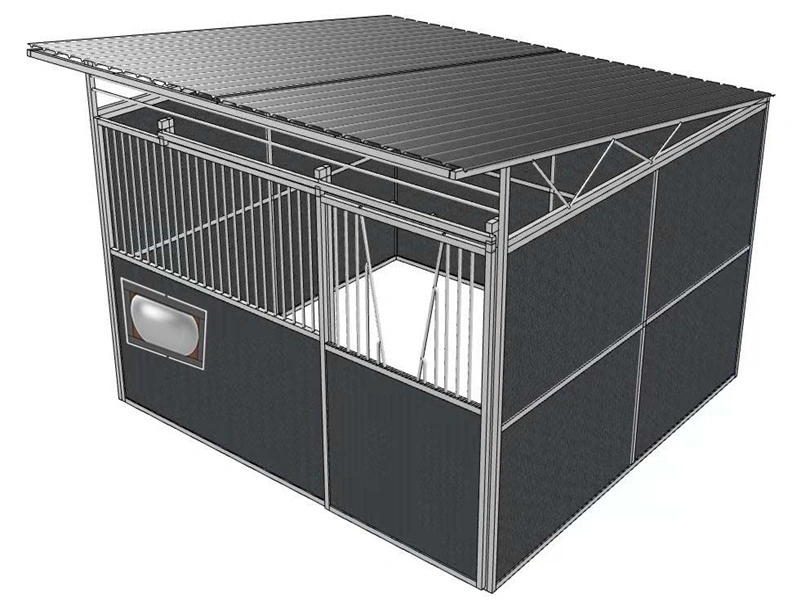 This detailed rendering shows a specialized portable horse stable designed for distributors and equestrian professionals in the Oceania region. Built with a hot-dip galvanized steel frame and UV-resistant panels, this flat pack solution offers a cost-effective alternative to brick structures.