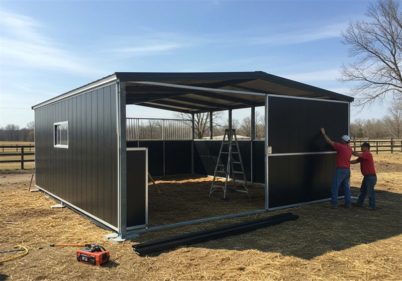 Two workers install flat pack Portable Horse Stables for ANZ markets, showcasing the ease of DIY assembly for professional distributors.