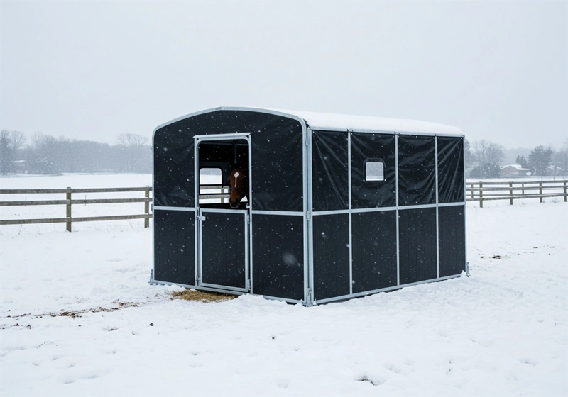 Showcasing a durable portable horse stable for the Australian and New Zealand markets. Designed for harsh weather, this kit features high-quality galvanized frames and weather-resistant HDPE panels to ensure security and longevity for professional equestrian facilities.