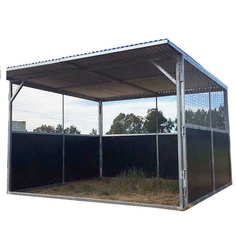 This image displays a high-quality portable horse stable for ANZ markets, featuring hot-dip galvanized steel construction and black HDPE safety panels. The structure is designed for professional equestrian centers and includes a durable roof and wire mesh for superior ventilation and visibility.