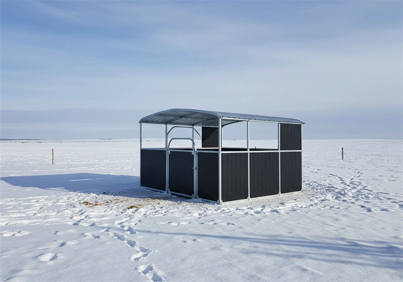 A robust, flat-packed portable horse stable kit manufactured for the Australian and New Zealand markets, featuring galvanized steel frames. This durable, DIY equine facility provides secure and modular storage solutions for professional equestrian centers.