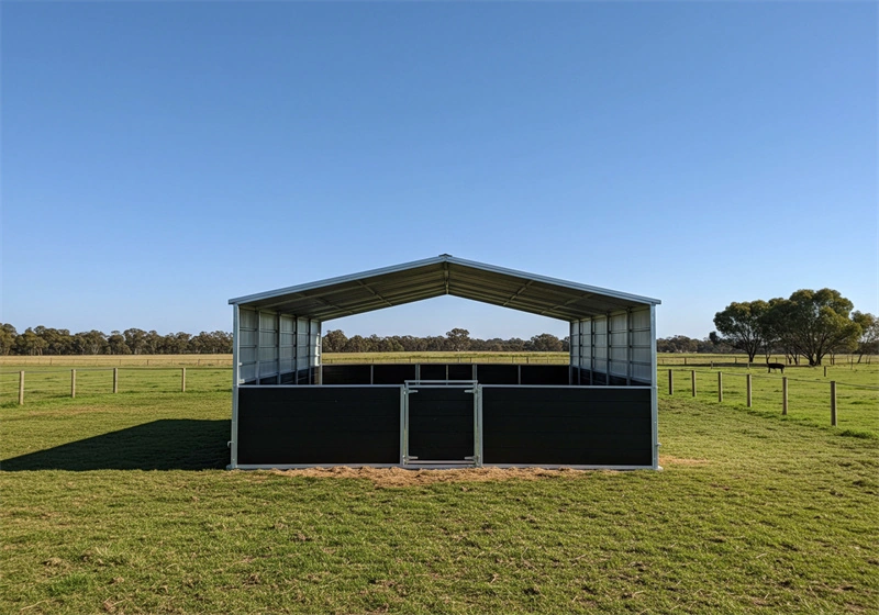 A comprehensive view of our high-quality portable horse stables for ANZ markets, manufactured with galvanized steel frames and HDPE panels. This durable stable structure offers the perfect solution for professional equestrian centers and commercial horse owners requiring secure, prefabricated facilities.
