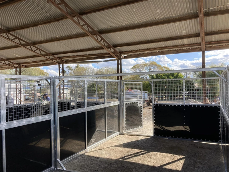 The installation of portable horse stables for ANZ markets showcases the galvanized steel frame and secure enclosure components within a protected structure. This visual demonstrates the flat-pack assembly process designed for easy DIY stable kits tailored to Australian and New Zealand clients.