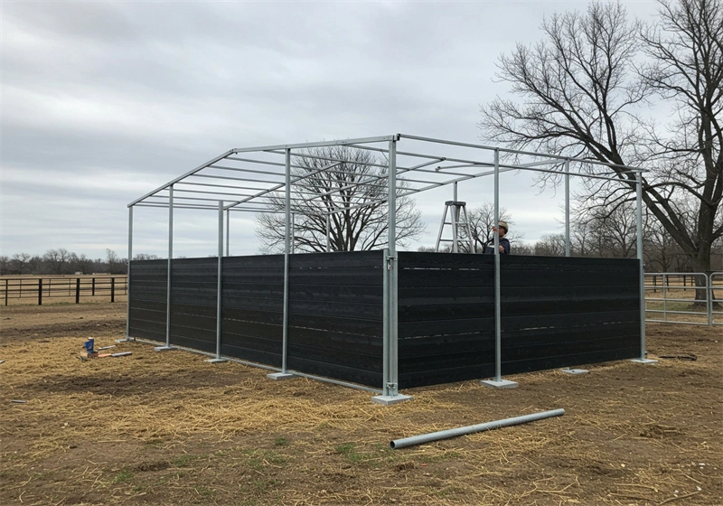 DB Stable showcases a DIY kit in the early stages of assembly, featuring a robust hot-dip galvanized frame. This modular design optimizes logistics for cost-effective importing of portable horse stables for ANZ.