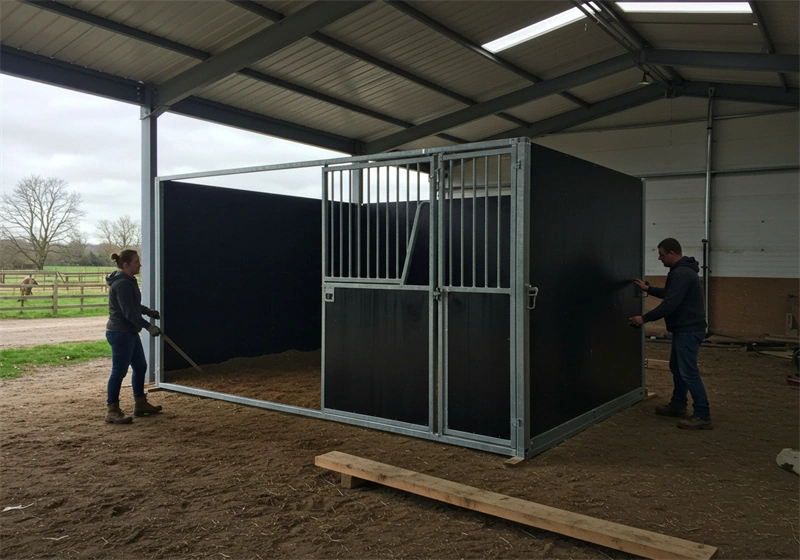DB Stable professionals installing a hot-dip galvanized portable horse stable. This high-quality DIY stable kit demonstrates the durable HDPE panel system designed for easy assembly in Australian and New Zealand equestrian facilities.