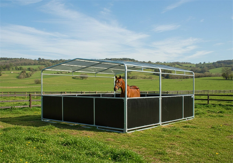 A brown horse stands inside a sturdy portable horse stable for the ANZ market, constructed with galvanized steel frames and HDPE panels to ensure long-term stability and security in open fields.