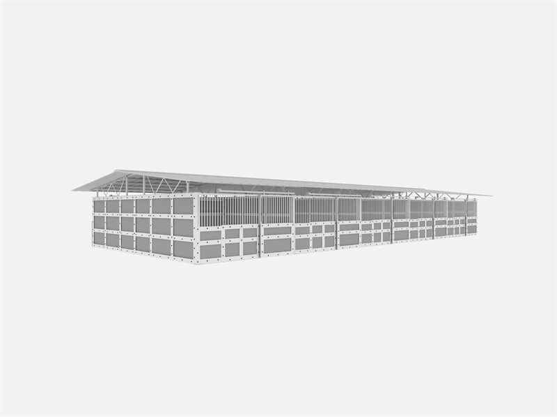 Longitudinal view of DB Stable modular portable horse stables for ANZ, featuring hot-dip galvanized steel frames and HDPE panels designed for easy import and DIY assembly in Australia and New Zealand.